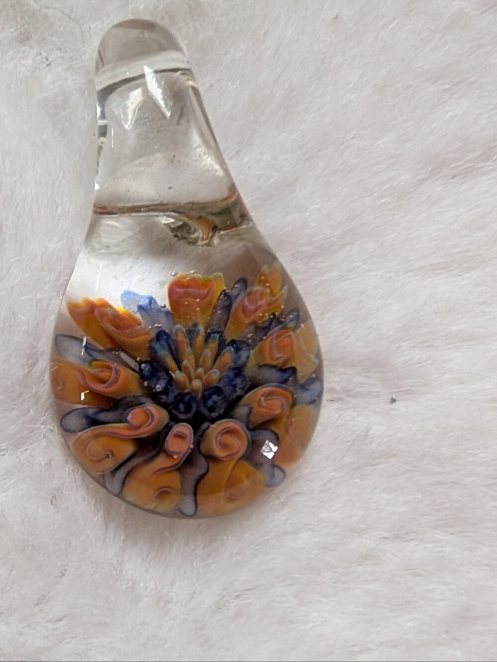Handmade Clear Glass Teardrop Necklace Pendant with Orange and Blue Floral Core